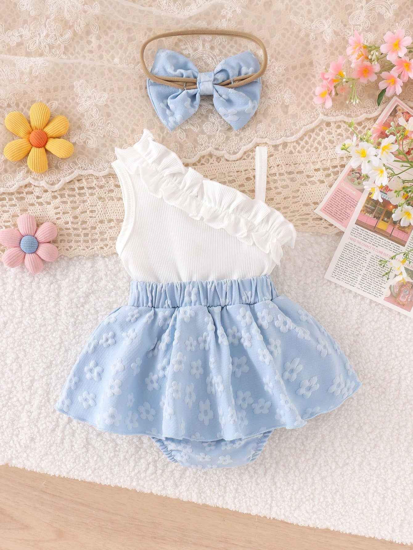 1pc Baby Girl Cute Asymmetric Shoulder Strap Tank Top With Patchwork Skirt And Headband, Thin Spring/Summer Style