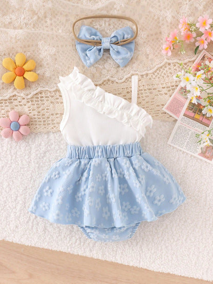 1pc Baby Girl Cute Asymmetric Shoulder Strap Tank Top With Patchwork Skirt And Headband, Thin Spring/Summer Style