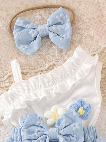 1pc Baby Girl Cute Asymmetric Shoulder Strap Tank Top With Patchwork Skirt And Headband, Thin Spring/Summer Style