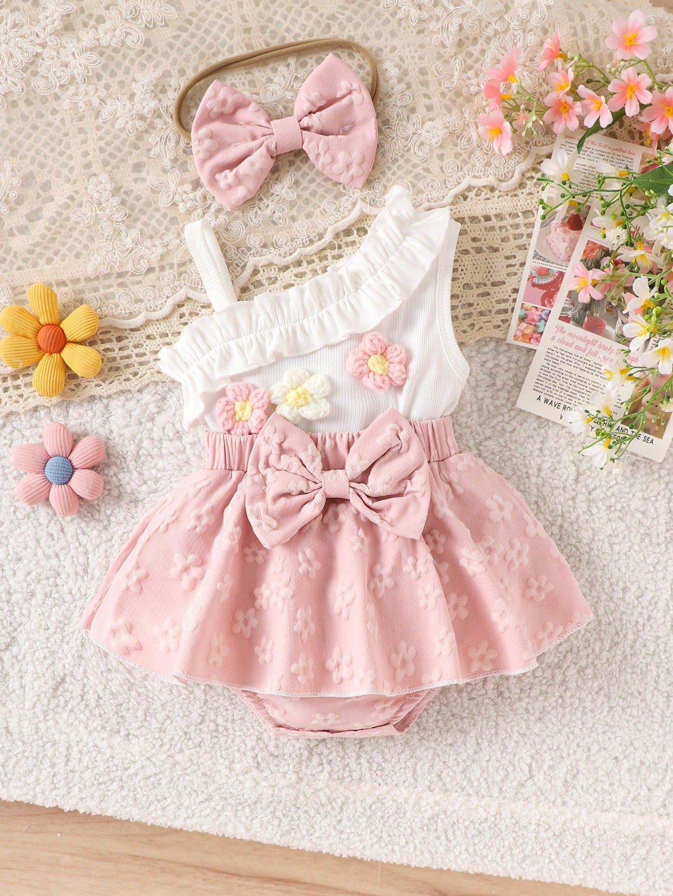 1pc Baby Girl Cute Asymmetric Shoulder Strap Tank Top With Patchwork Skirt And Headband, Thin Spring/Summer Style