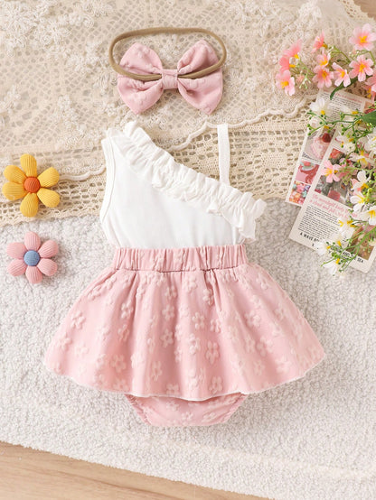 1pc Baby Girl Cute Asymmetric Shoulder Strap Tank Top With Patchwork Skirt And Headband, Thin Spring/Summer Style