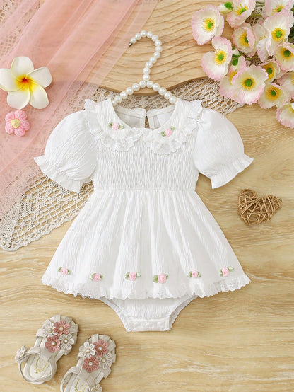 1pc Baby Girls' Summer New Floral Embroidery Ruffle Collar Front Snap Romper