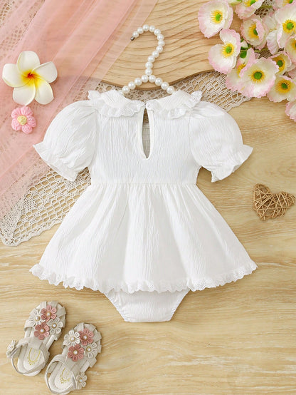 1pc Baby Girls' Summer New Floral Embroidery Ruffle Collar Front Snap Romper