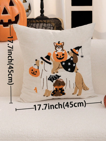1pc Beige Halloween Ghost Dog Embroidered Pillowcase, Halloween Pumpkin Pillowcase, Suitable For Indoor Decor, Ghost Festival Decoration, All Season Pillowcase, Without Insert