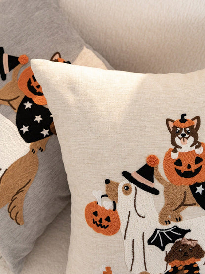 1pc Beige Halloween Ghost Dog Embroidered Pillowcase, Halloween Pumpkin Pillowcase, Suitable For Indoor Decor, Ghost Festival Decoration, All Season Pillowcase, Without Insert