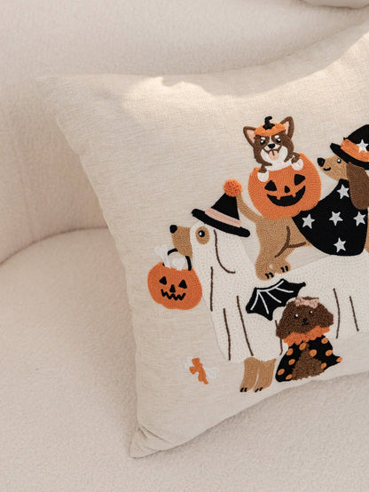 1pc Beige Halloween Ghost Dog Embroidered Pillowcase, Halloween Pumpkin Pillowcase, Suitable For Indoor Decor, Ghost Festival Decoration, All Season Pillowcase, Without Insert