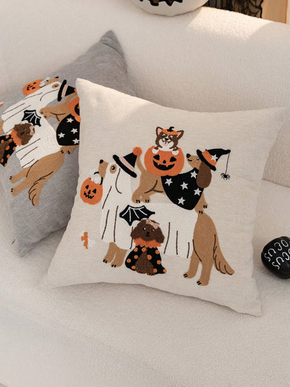 1pc Beige Halloween Ghost Dog Embroidered Pillowcase, Halloween Pumpkin Pillowcase, Suitable For Indoor Decor, Ghost Festival Decoration, All Season Pillowcase, Without Insert