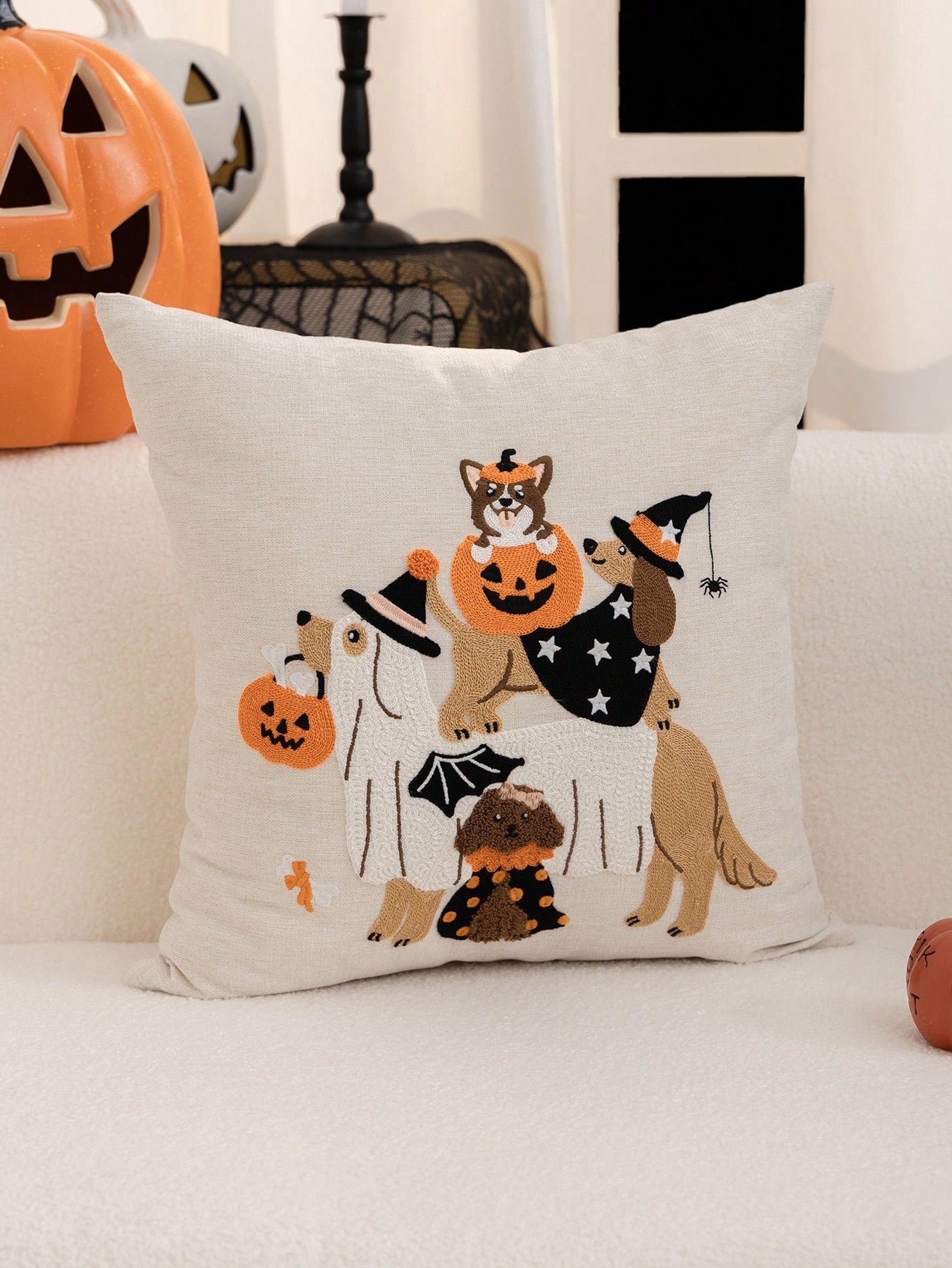 1pc Beige Halloween Ghost Dog Embroidered Pillowcase, Halloween Pumpkin Pillowcase, Suitable For Indoor Decor, Ghost Festival Decoration, All Season Pillowcase, Without Insert