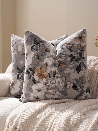 1pc Beige Vintage Floral Pillowcase Without Pillow Insert, American Retro Oil Painting Style, French Distressed Pastoral Texture Chenille + Faux Cashmere Fabric Jacquard Decorative Cushion Cover, Suit