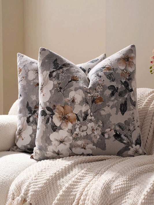 1pc Beige Vintage Floral Pillowcase Without Pillow Insert, American Retro Oil Painting Style, French Distressed Pastoral Texture Chenille + Faux Cashmere Fabric Jacquard Decorative Cushion Cover, Suit