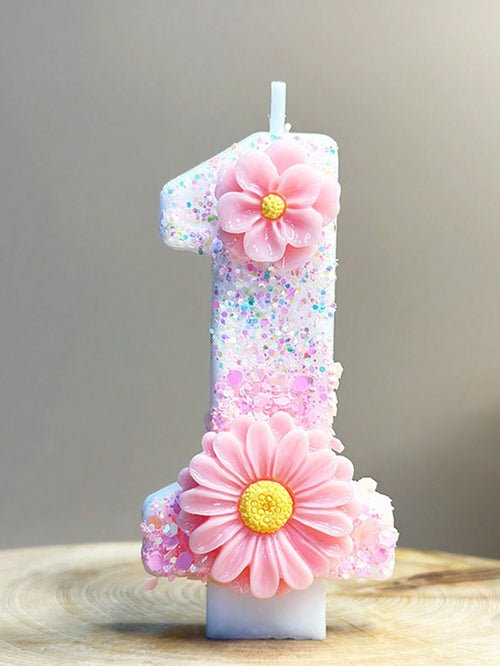 1pc Birthday Number Candle, Two Flower Pink Birthday Candle Cake, Sequined Candle Cake Decoration, 0-9 Numeric Candle, Party Favorite