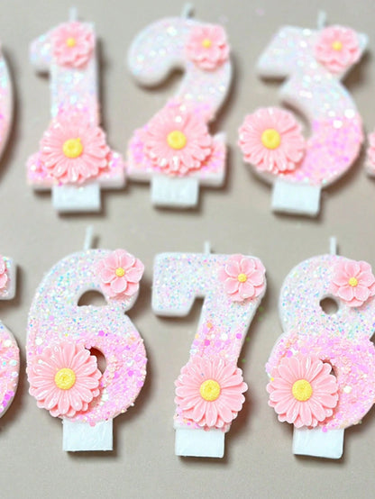 1pc Birthday Number Candle, Two Flower Pink Birthday Candle Cake, Sequined Candle Cake Decoration, 0-9 Numeric Candle, Party Favorite