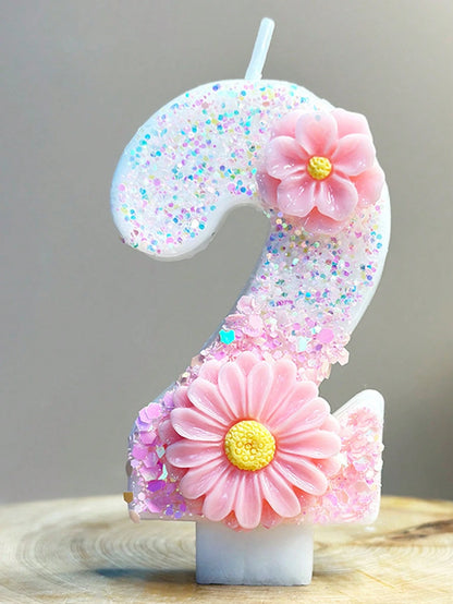 1pc Birthday Number Candle, Two Flower Pink Birthday Candle Cake, Sequined Candle Cake Decoration, 0-9 Numeric Candle, Party Favorite