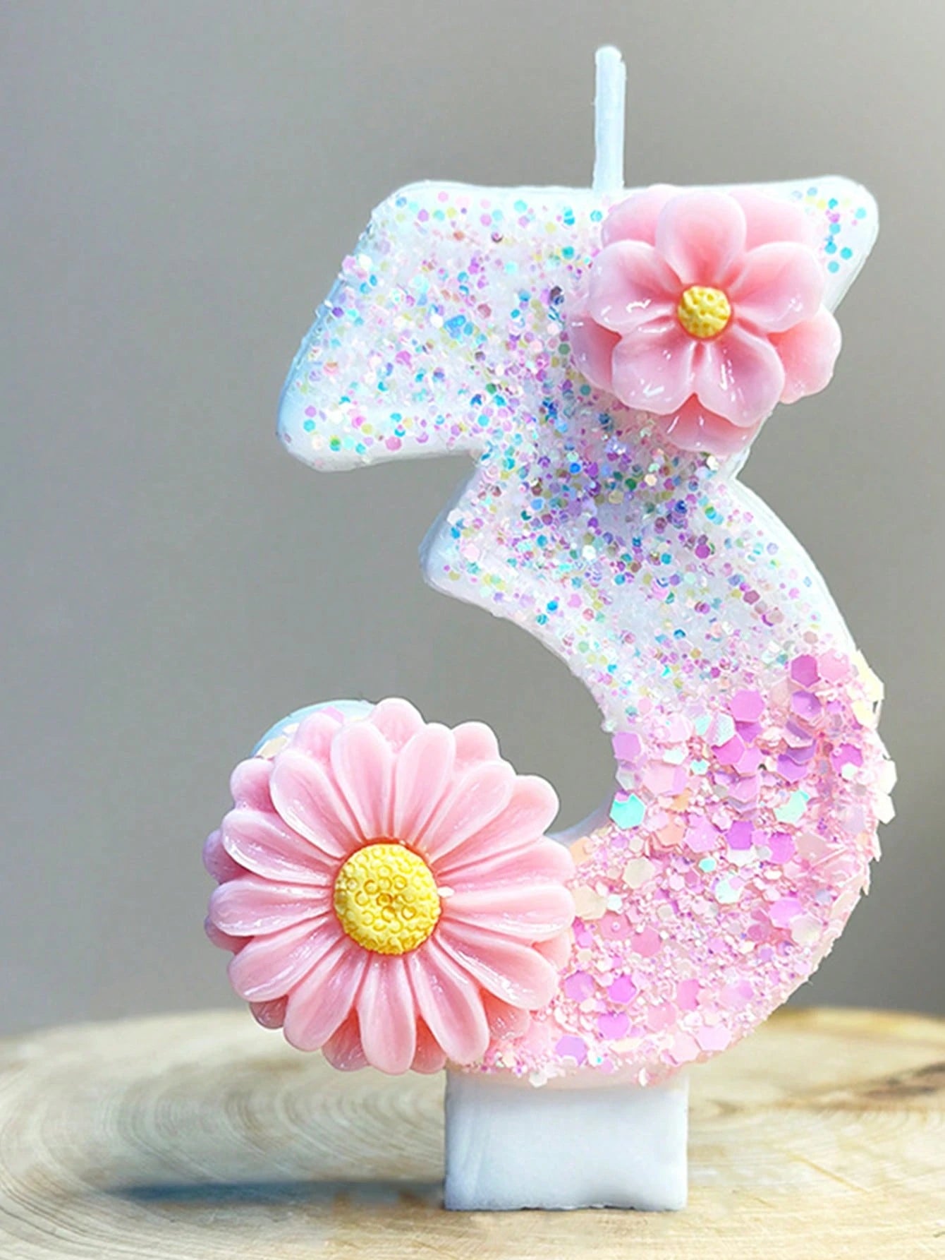1pc Birthday Number Candle, Two Flower Pink Birthday Candle Cake, Sequined Candle Cake Decoration, 0-9 Numeric Candle, Party Favorite
