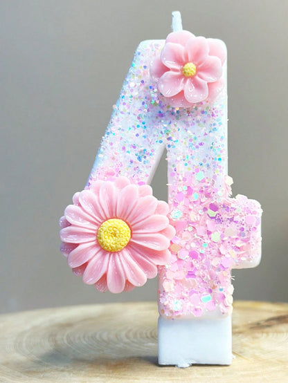 1pc Birthday Number Candle, Two Flower Pink Birthday Candle Cake, Sequined Candle Cake Decoration, 0-9 Numeric Candle, Party Favorite