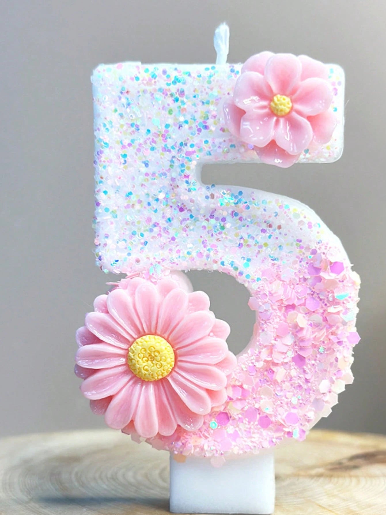 1pc Birthday Number Candle, Two Flower Pink Birthday Candle Cake, Sequined Candle Cake Decoration, 0-9 Numeric Candle, Party Favorite