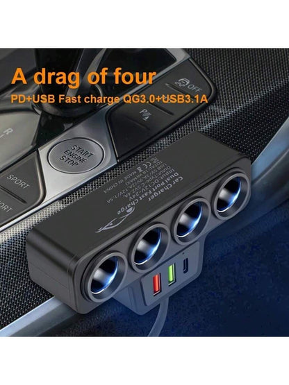 1pc Black ABS 2USB&PD Car Charger, 4 Ports, QC3.0 Super Fast Charging, 12-24V For All Vehicles, 7 Slots