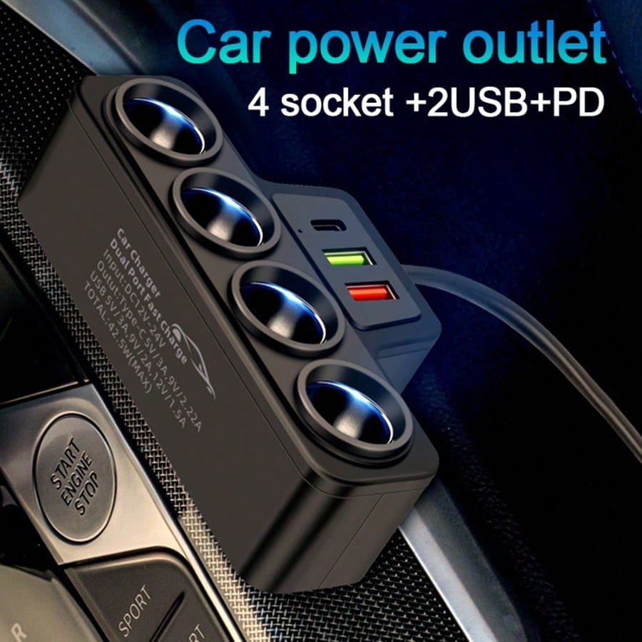 1pc Black ABS 2USB&PD Car Charger, 4 Ports, QC3.0 Super Fast Charging, 12-24V For All Vehicles, 7 Slots