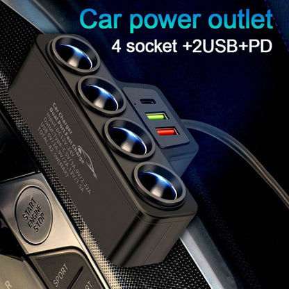 1pc Black ABS 2USB&PD Car Charger, 4 Ports, QC3.0 Super Fast Charging, 12-24V For All Vehicles, 7 Slots