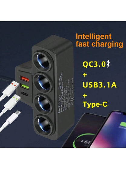 1pc Black ABS 2USB&PD Car Charger, 4 Ports, QC3.0 Super Fast Charging, 12-24V For All Vehicles, 7 Slots