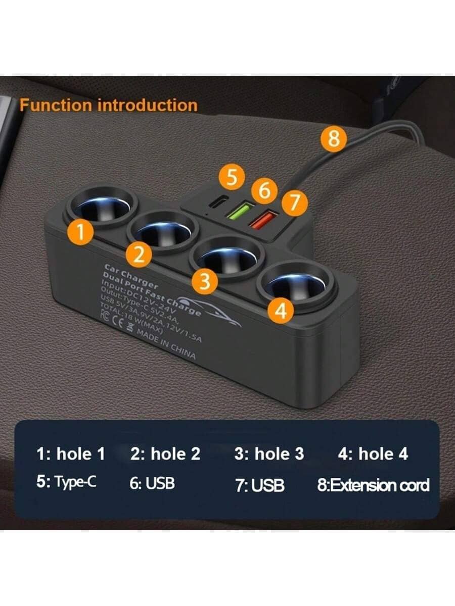 1pc Black ABS 2USB&PD Car Charger, 4 Ports, QC3.0 Super Fast Charging, 12-24V For All Vehicles, 7 Slots