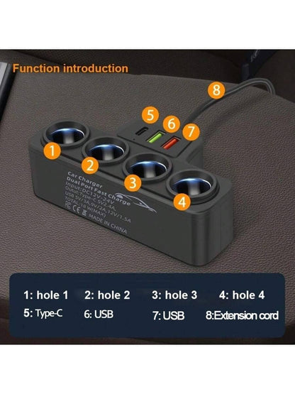 1pc Black ABS 2USB&PD Car Charger, 4 Ports, QC3.0 Super Fast Charging, 12-24V For All Vehicles, 7 Slots