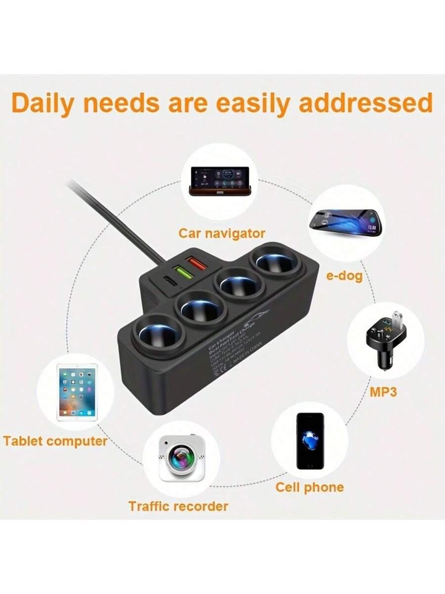 1pc Black ABS 2USB&PD Car Charger, 4 Ports, QC3.0 Super Fast Charging, 12-24V For All Vehicles, 7 Slots
