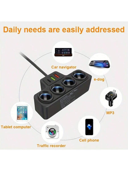1pc Black ABS 2USB&PD Car Charger, 4 Ports, QC3.0 Super Fast Charging, 12-24V For All Vehicles, 7 Slots