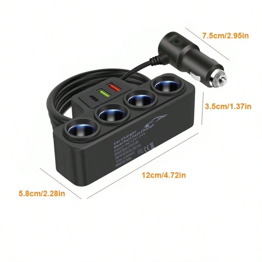 1pc Black ABS 2USB&PD Car Charger, 4 Ports, QC3.0 Super Fast Charging, 12-24V For All Vehicles, 7 Slots