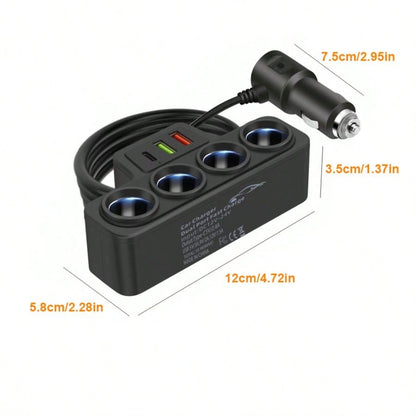 1pc Black ABS 2USB&PD Car Charger, 4 Ports, QC3.0 Super Fast Charging, 12-24V For All Vehicles, 7 Slots