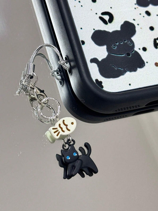 1pc Black Cat Not Eating Fish Cute Phone Hanging Decor, Minimalist & Accessory For Women Daily Use Gifts For Mother, Family, Friends, Birthday, Holiday Phone Charm, Phone Chain