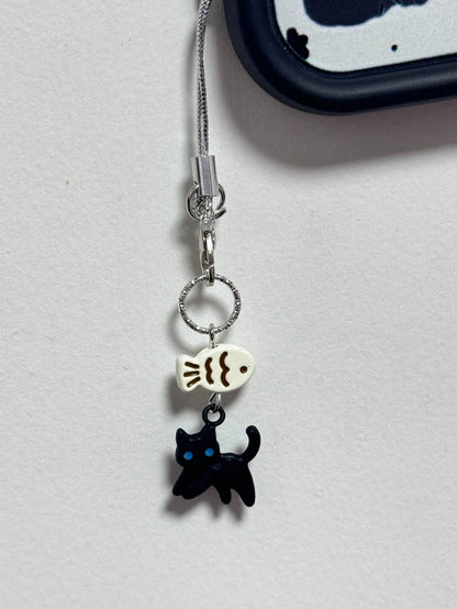 1pc Black Cat Not Eating Fish Cute Phone Hanging Decor, Minimalist & Accessory For Women Daily Use Gifts For Mother, Family, Friends, Birthday, Holiday Phone Charm, Phone Chain