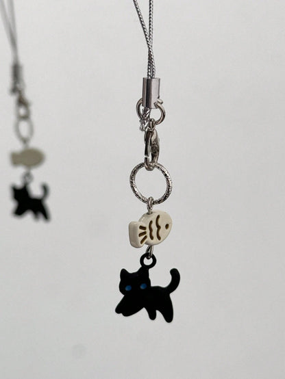 1pc Black Cat Not Eating Fish Cute Phone Hanging Decor, Minimalist & Accessory For Women Daily Use Gifts For Mother, Family, Friends, Birthday, Holiday Phone Charm, Phone Chain
