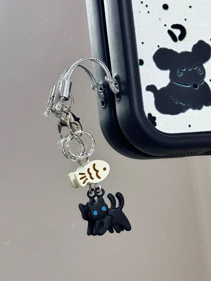 1pc Black Cat Not Eating Fish Cute Phone Hanging Decor, Minimalist & Accessory For Women Daily Use Gifts For Mother, Family, Friends, Birthday, Holiday Phone Charm, Phone Chain