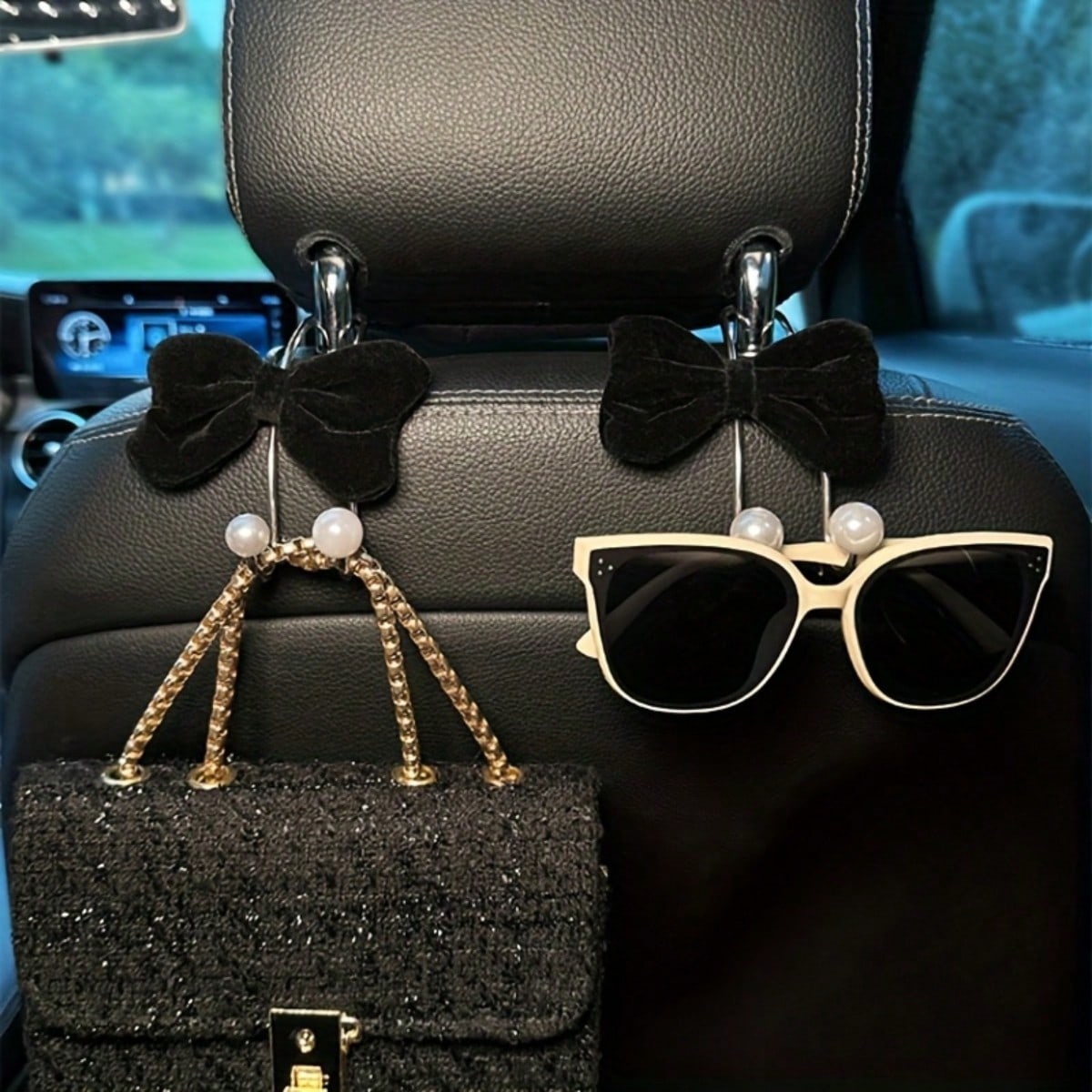 1pc Bowknot Pearl Car Seat Back Storage Hook Bag- Rear Seat Multi-Functional Storage Net, Women's Car Interior Accessory