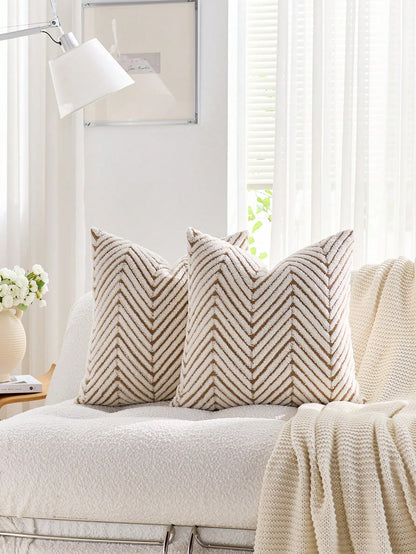 1pc Brown & White Bohemian Geometric Plush Decorative Pillow Cover (Pillow Insert Not Included), Reverse Side In Fleece Fabric, Square Cushion Cover, Holiday Home Pillow Decor, Soft & Comfortable Plus