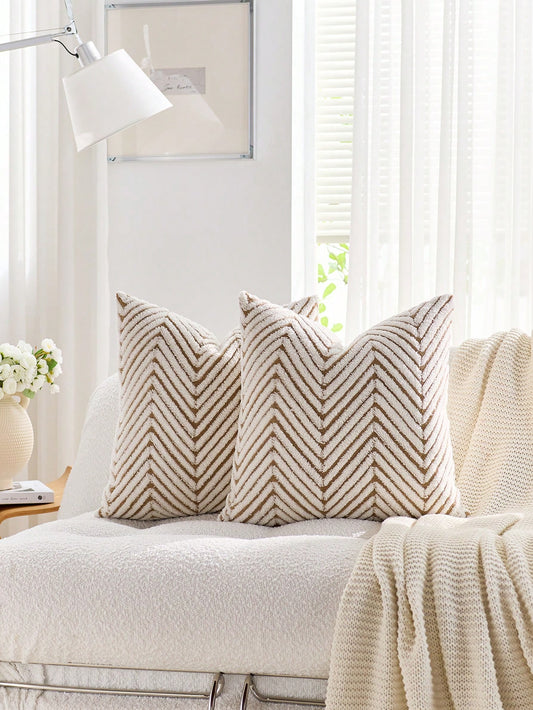 1pc Brown & White Bohemian Geometric Plush Decorative Pillow Cover (Pillow Insert Not Included), Reverse Side In Fleece Fabric, Square Cushion Cover, Holiday Home Pillow Decor, Soft & Comfortable Plus