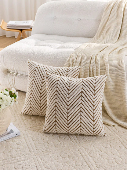 1pc Brown & White Bohemian Geometric Plush Decorative Pillow Cover (Pillow Insert Not Included), Reverse Side In Fleece Fabric, Square Cushion Cover, Holiday Home Pillow Decor, Soft & Comfortable Plus