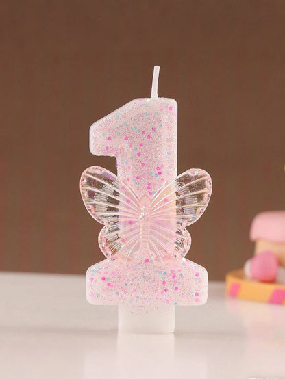 1pc Butterfly Shaped Glittering Number Birthday Candle Sparkling Happy Birthday Celebration Candles Butterfly Designed Birthday Number Candles (0-9)