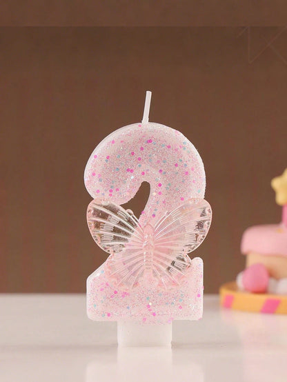 1pc Butterfly Shaped Glittering Number Birthday Candle Sparkling Happy Birthday Celebration Candles Butterfly Designed Birthday Number Candles (0-9)