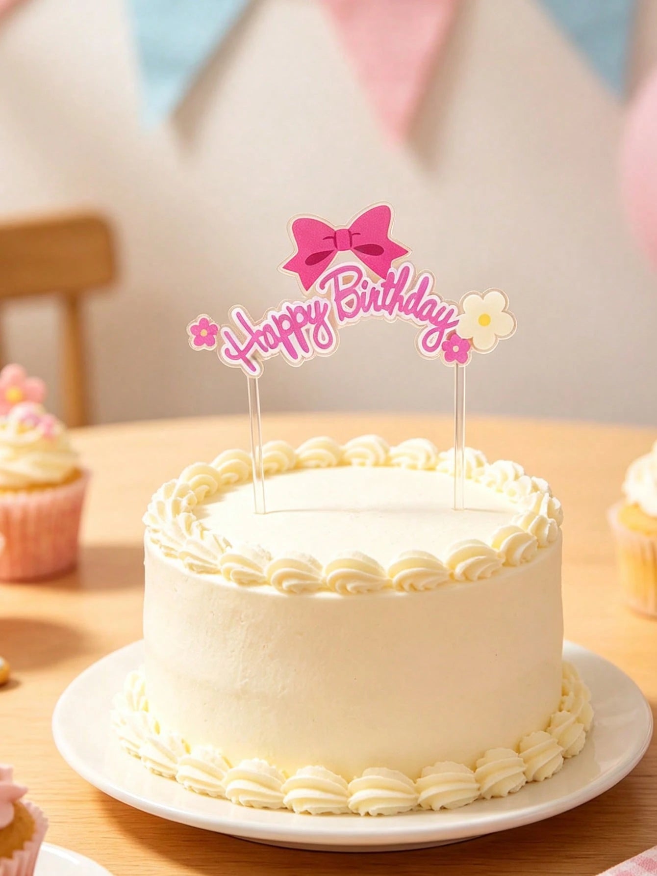 1pc Cake Decoration Topper, Bow & Flower Happy Birthday Plugin, Suitable For Birthday Party, Anniversary Party, Baby Shower