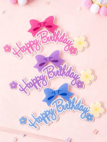 1pc Cake Decoration Topper, Bow & Flower Happy Birthday Plugin, Suitable For Birthday Party, Anniversary Party, Baby Shower