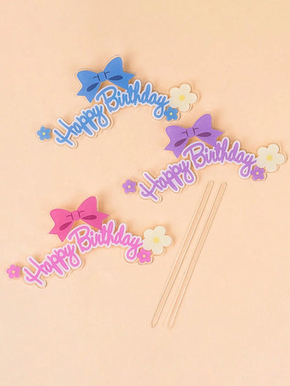 1pc Cake Decoration Topper, Bow & Flower Happy Birthday Plugin, Suitable For Birthday Party, Anniversary Party, Baby Shower