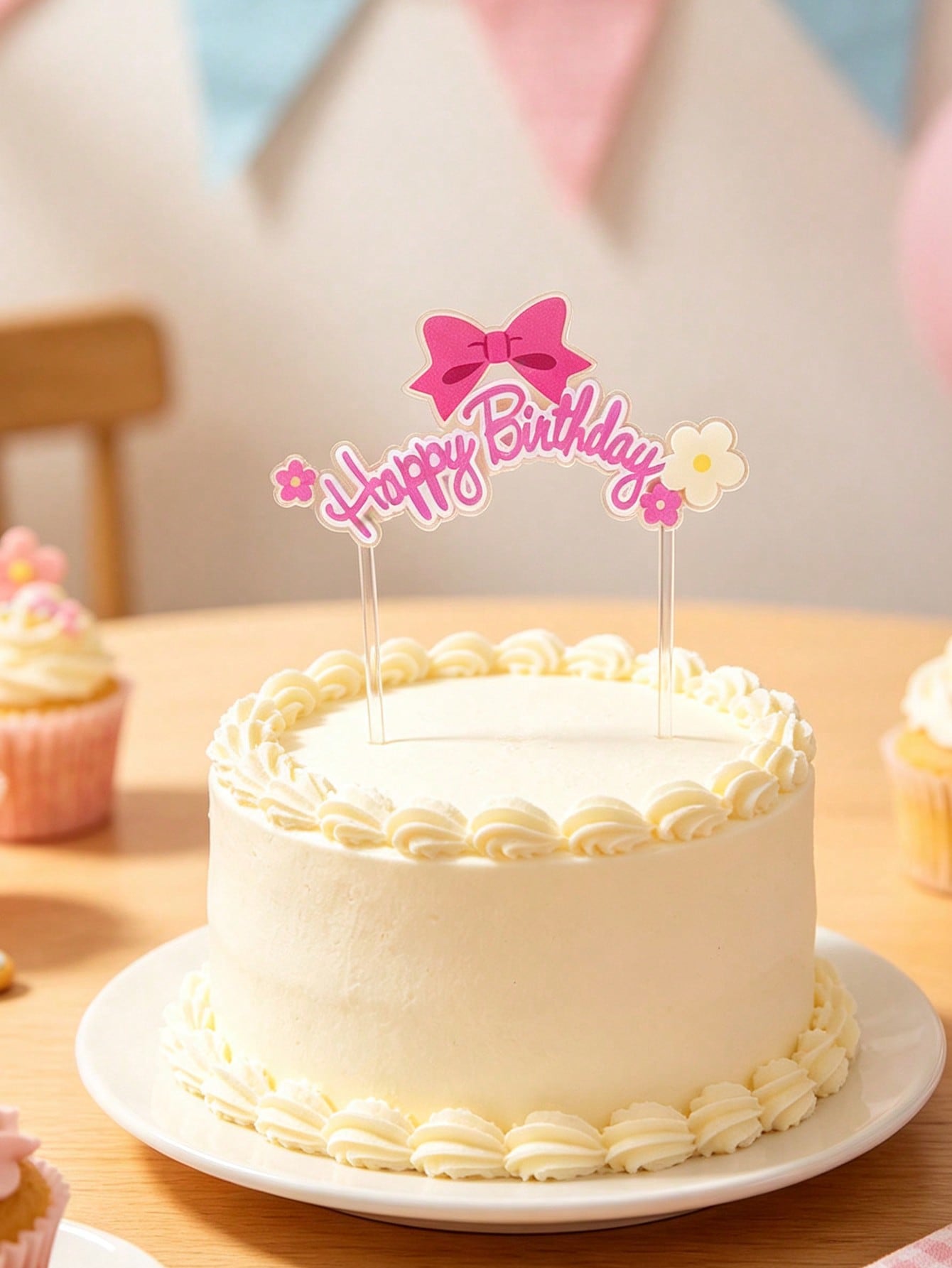1pc Cake Decoration Topper, Bow & Flower Happy Birthday Plugin, Suitable For Birthday Party, Anniversary Party, Baby Shower