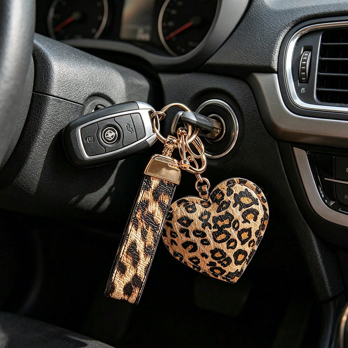 1pc Car Accessories Yellow/White Car Key Chain Leopard Print Heart PU Leather Keychain Heart-Shaped Car Pendant Bag Charm Clothing Accessory Bag