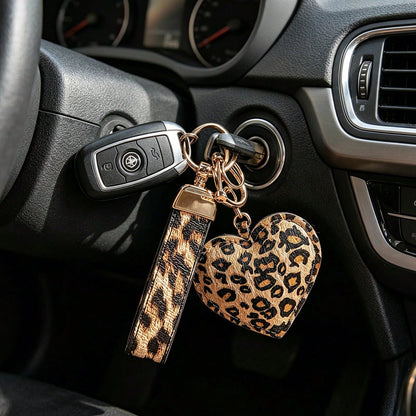 1pc Car Accessories Yellow/White Car Key Chain Leopard Print Heart PU Leather Keychain Heart-Shaped Car Pendant Bag Charm Clothing Accessory Bag