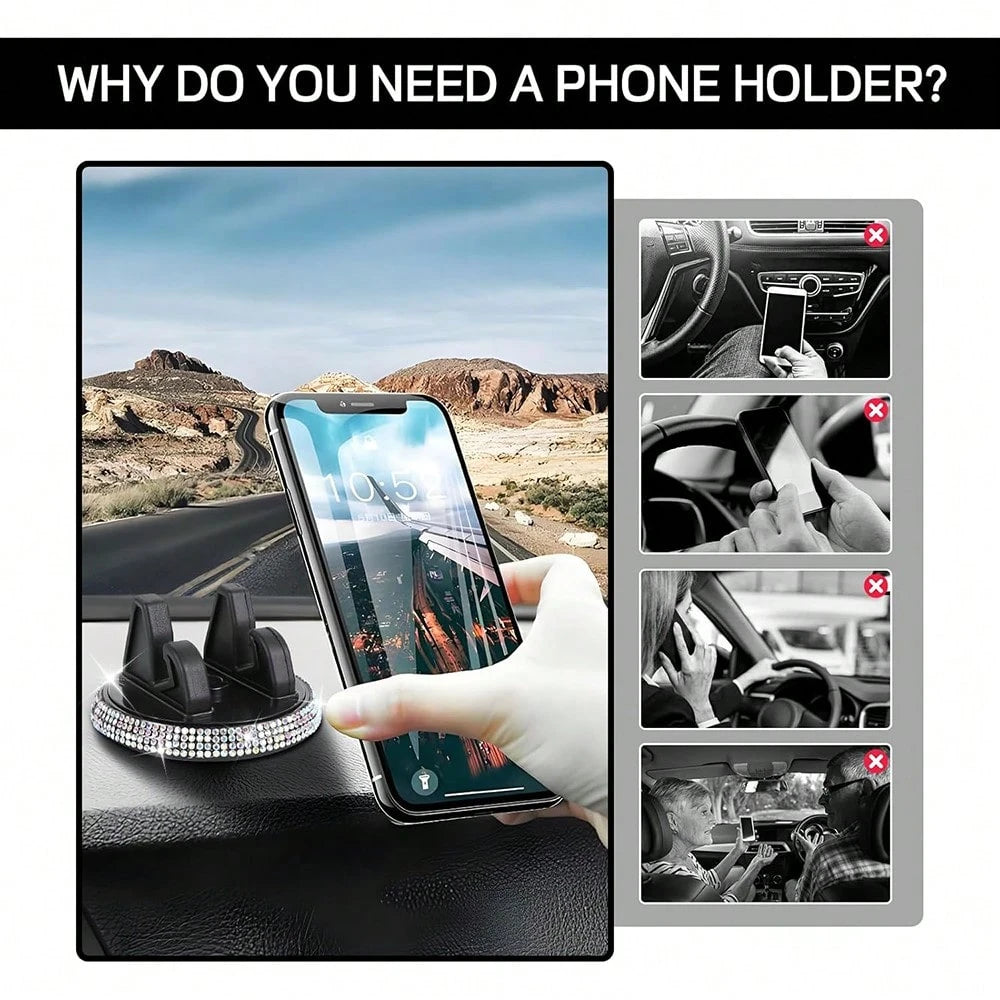 1pc Car Phone Holder, Rhinestone Car Phone Mount, 360° Adjustable Car Dashboard Phone Holder, Self-Adhesive Car Phone Holder, Suitable For Most Phones