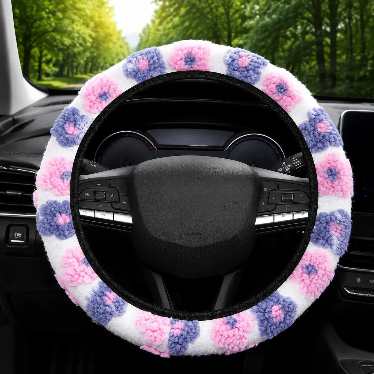 1pc Car Plush Flowers Steering Wheel Cover, Cute Floral Fuzzy Elastic Non-Slip Steering Wheel Protector, Fluffy Auto Interior Decor For SUV Sedan Truck, 14.5-15