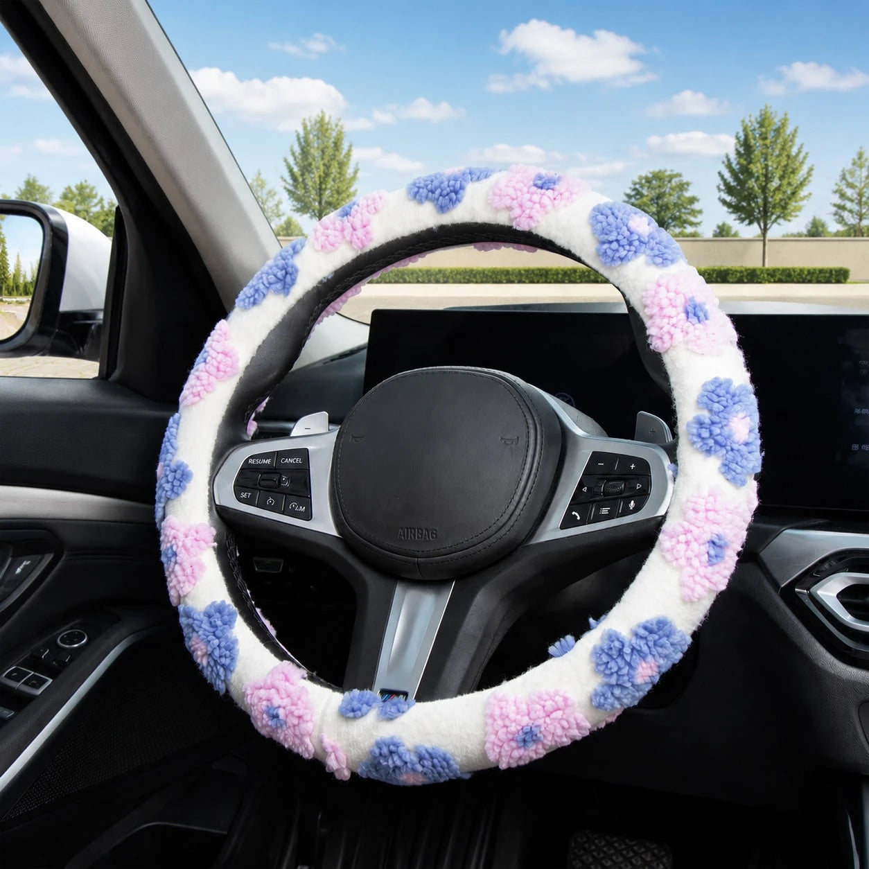 1pc Car Plush Flowers Steering Wheel Cover, Cute Floral Fuzzy Elastic Non-Slip Steering Wheel Protector, Fluffy Auto Interior Decor For SUV Sedan Truck, 14.5-15