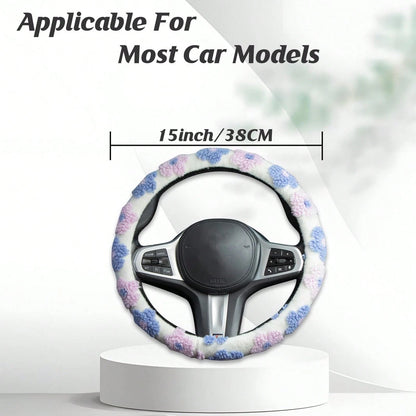 1pc Car Plush Flowers Steering Wheel Cover, Cute Floral Fuzzy Elastic Non-Slip Steering Wheel Protector, Fluffy Auto Interior Decor For SUV Sedan Truck, 14.5-15